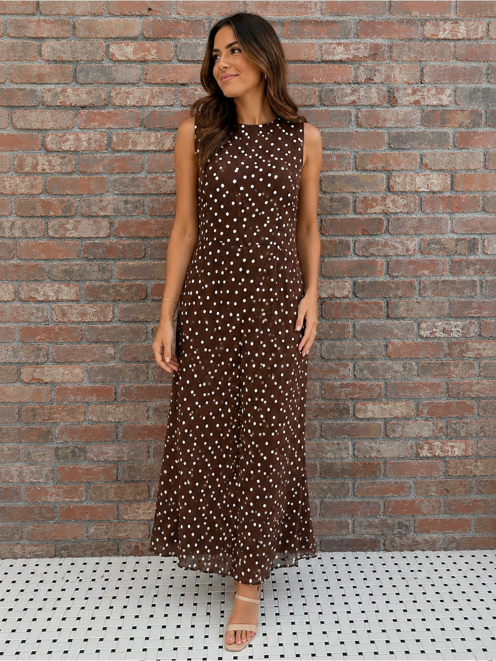 David Warren Brown Polka Dot Maxi Dress - Sleeveless Elegant Silhouette size 12